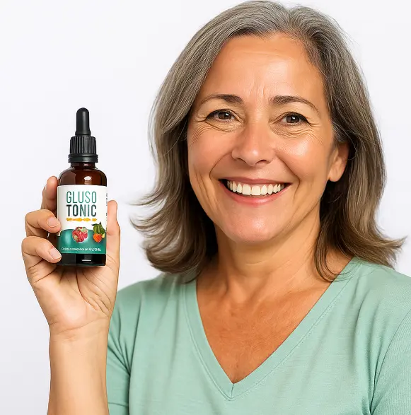 Smiling woman holding GlucoTonic